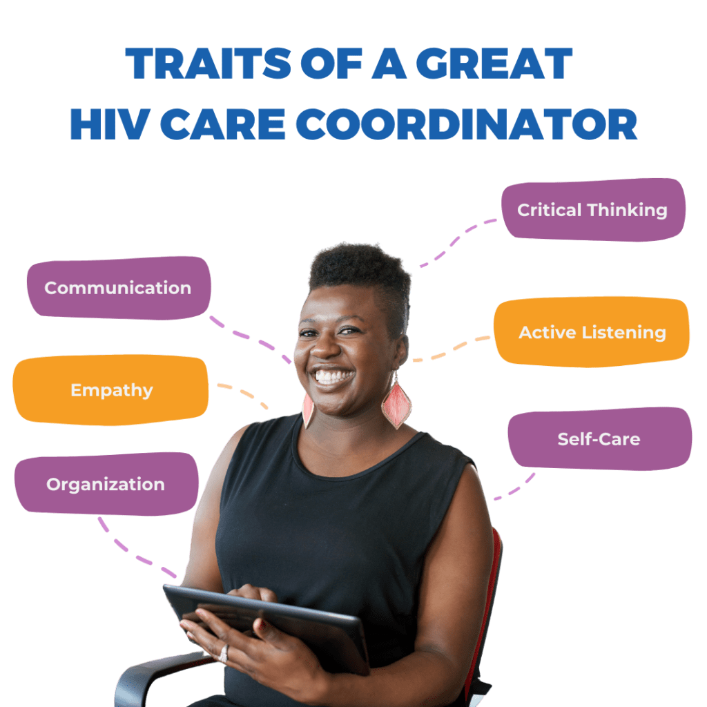 Traits of a great HIV Care Coordinator. Communication, empathy, critical thinking, active listening, organization, and self-care.