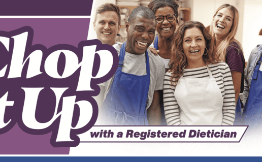 Six friendly adults in cooking aprons smiling and laughing. Chop it up Chop it up with a Registered Dietician.