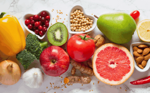 Table of fruits and vegetables as an example of eating well with hiv and for health
